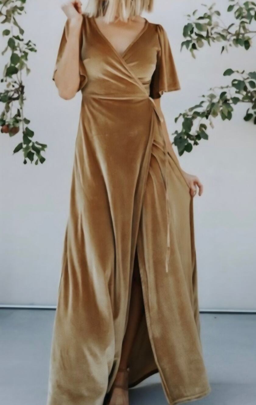 Baltic Born Katelyn Velvet Maxi Wrap Dress S Gold Mustard Wedding Guest Formal